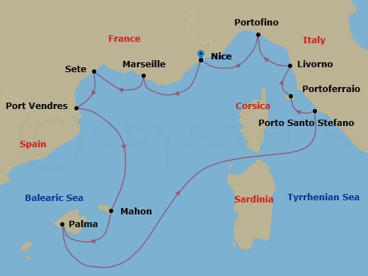 Itinerary map: Mediterranean sailing round trip from Nice