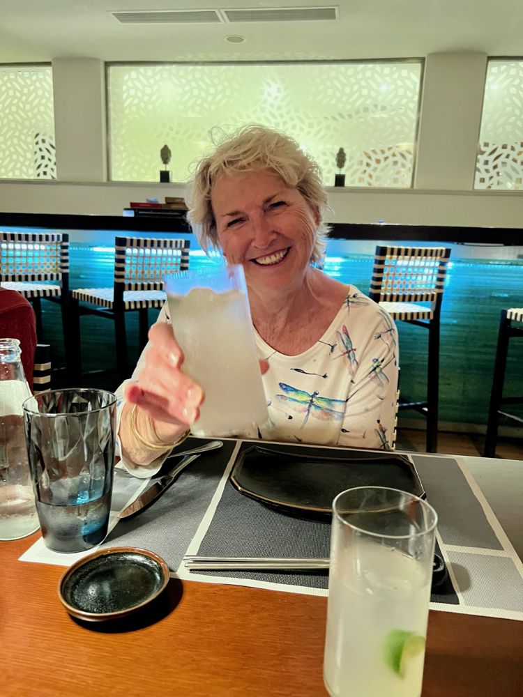 Ella, founder of Global Escapes, raising a toast at dinner