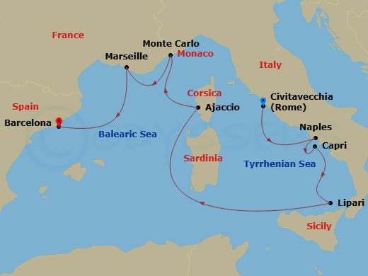 Route map: Civitavecchia (Rome) to Barcelona calling at Naples, Capri, Lipari, Ajaccio, Monte Carlo and Marseille
