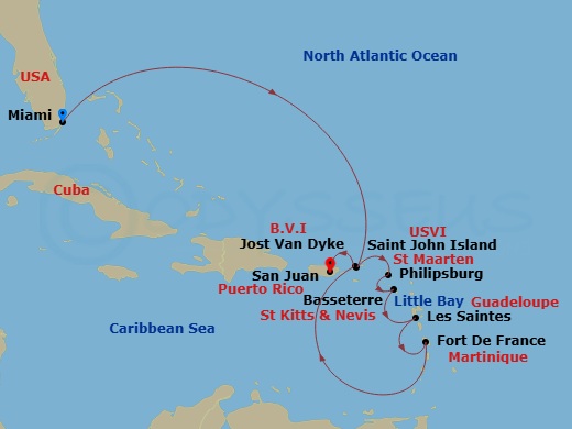 Map of the Silver Shadow route from Miami through the Eastern and Southern Caribbean